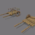 Ancient Wooden Transport Cart With Large Spoked Wheels And Metal Rails