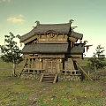 Traditional Ancient Chinese Building Featuring Curved Roof Wooden Structure And Stone Base Surrounded by Trees