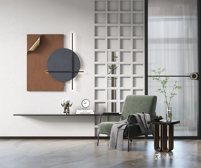 Green Accent Chair With Side Table Vase And Wall Art In Modern Minimalist Interior 3d model 
