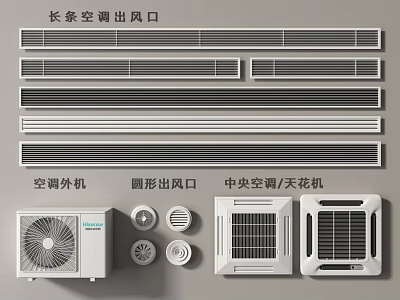 Long Strip and Round Air Conditioner Air Vents with Central Ceiling Units and Outdoor Units 3d model