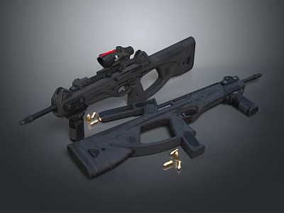 Tactical Rifles With Red Dot Sights And Bullets On Dark Surface 3d model