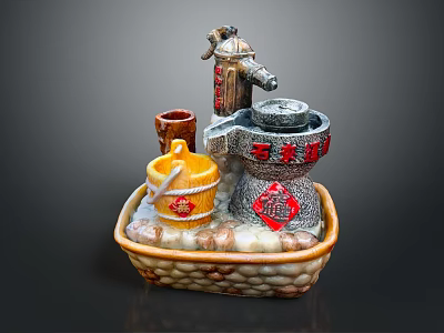 Traditional Chinese Style Decorative Furniture Featuring Stone Mill Bucket Fortune Character And Basket Base 3d model