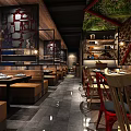 Modern Restaurant Interior Design With Green Plant Wall Staircase Display Shelves And Lighting