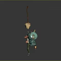 Adventurous Character With Green Overalls Carrying Blue Bucket And Straw Broom With Small Creatures