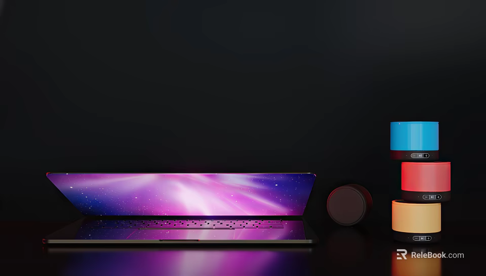 Modern Laptop With Purple Pink Starry Sky Screen And Cylindrical Accessories On Dark Background 3d model 