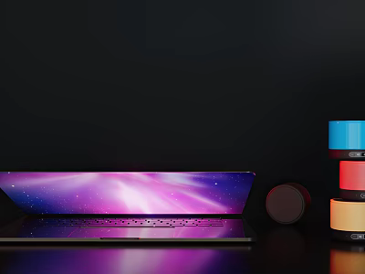 Modern Laptop With Purple Pink Starry Sky Screen And Cylindrical Accessories On Dark Background 3d model