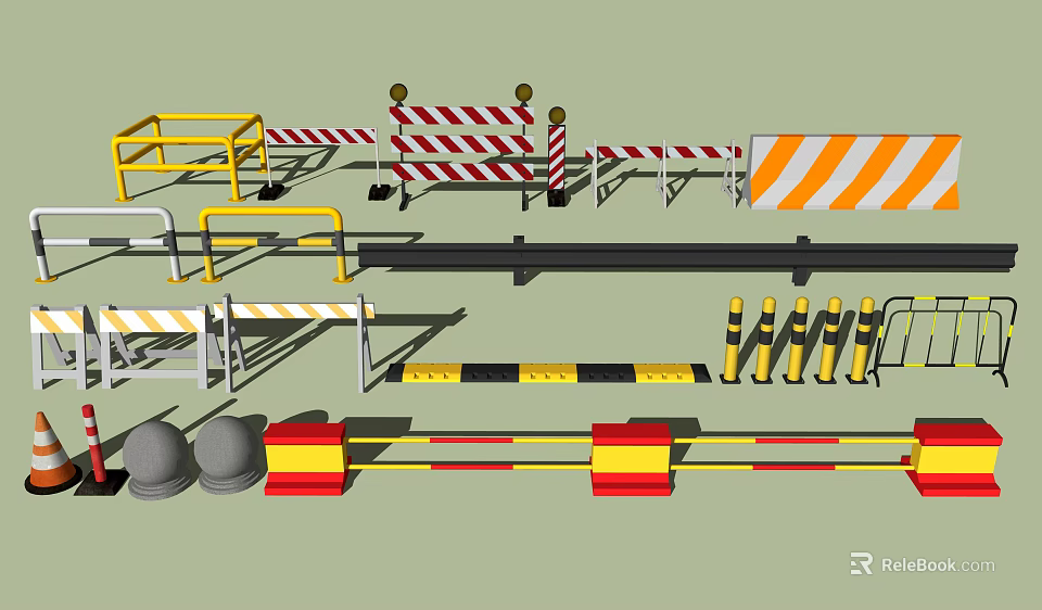 Various Construction Road Facilities Featuring Barriers Guardrails Warning Strips And Posts 3d model