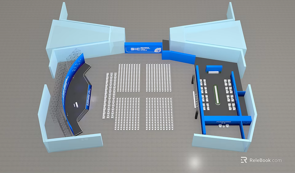Indoor Stage Design With Blue Structure Arranged Seats And Modern Layout 3d model