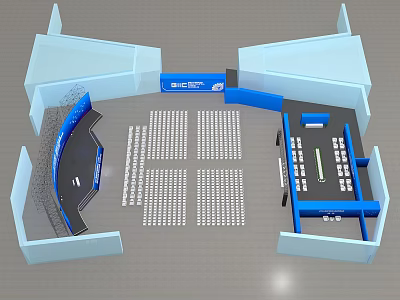 Indoor Stage Design With Blue Structure Arranged Seats And Modern Layout 3d model