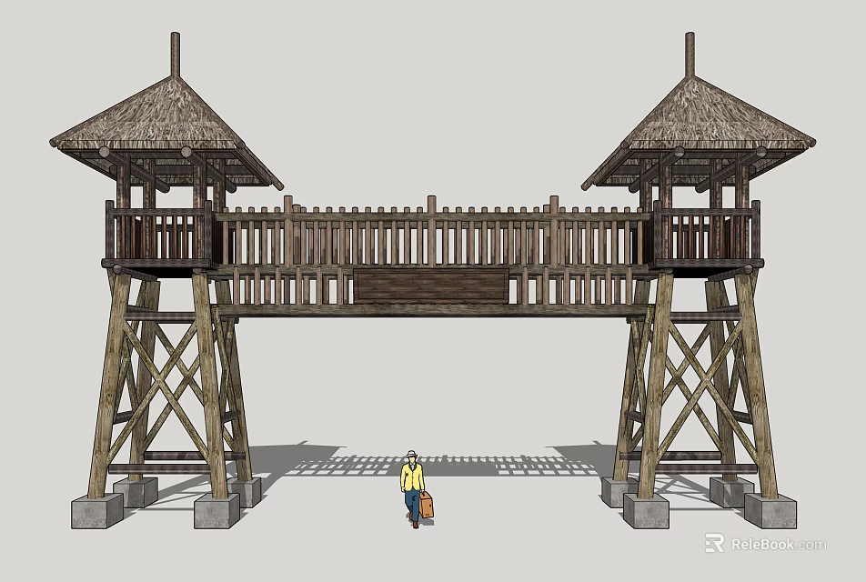 Traditional Wooden Entrance Gate With Thatched Roof Tower Structures And Supporting Frames 3d model 