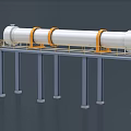 Large Cylindrical Industrial Equipment With Yellow Rings On Metal Support Platform And Staircase