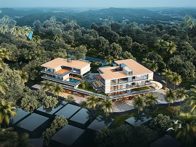 Luxurious Detached Villa Surrounded By Lush Greenery And Palm Trees With Natural Scenery 3d model