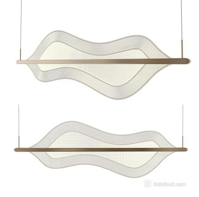 Modern Wavy Chandelier with Curved Lines and Horizontal Wooden Bar for Modern Interior Design 3d model 