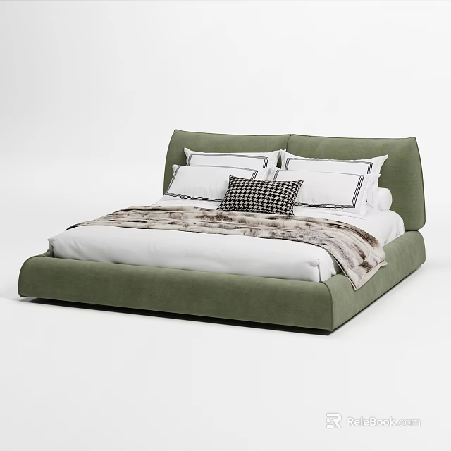Modern Green Upholstered Double Bed With White Pillows Checkered Cushion And Patterned Blanket 3d model