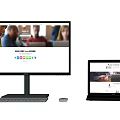 Desktop And Laptop Computers Displaying Video Conference With People And Colorful Icons