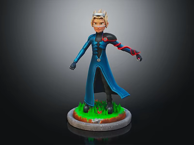 3D Fantasy Character Figure In Blue Robe With Crown Standing On Green Grass Base 3d model