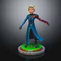 3D Fantasy Character Figure In Blue Robe With Crown Standing On Green Grass Base