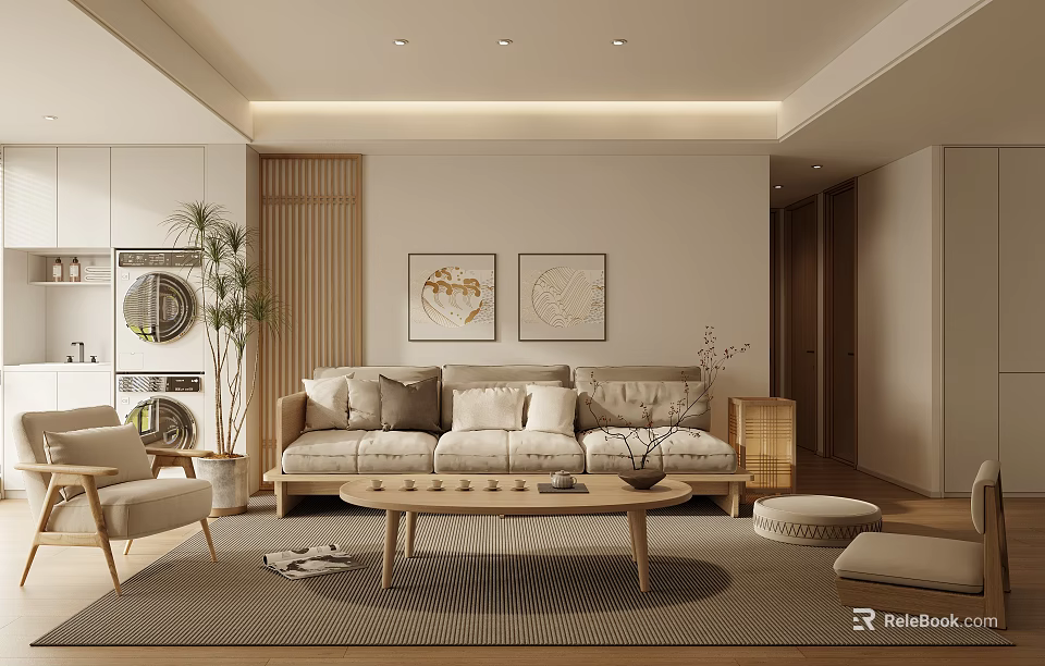 Natural Minimalist Living Room Interior Design With Wooden Coffee Table Sofa Rug Plant And Decorative Paintings 3d model 