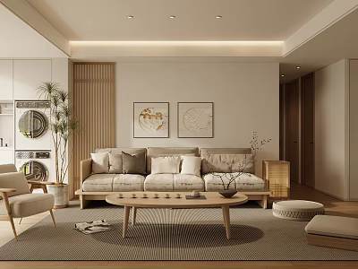 Natural Minimalist Living Room Interior Design With Wooden Coffee Table Sofa Rug Plant And Decorative Paintings 3d model