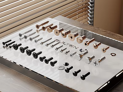 Assorted Metal Hardware Tools Including Screws Bolts And Fasteners On Transparent Display Stand 3d model