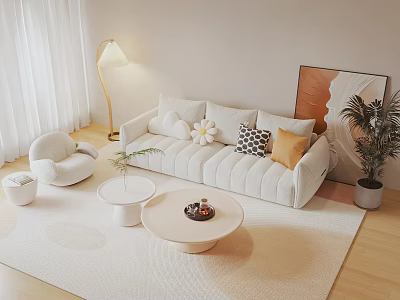 Modern Minimalist Beige Sofa and Coffee Table Set With Pillows Rug and Floor Lamp 3d model