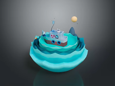 Creative 3D Artwork Featuring Blue Wave Base Small Boat Red Cross And Yellow Sphere 3d model