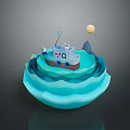 Creative 3D Artwork Featuring Blue Wave Base Small Boat Red Cross And Yellow Sphere