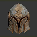 Ornate Bronze Helmet With Intricate Carved Patterns And Shiny Metallic Surface