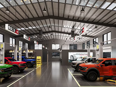 Modern Car Dealership Showroom With Parked Various Colored Cars And Spacious Interior Design 3d model