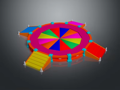 Colorful Round Trampoline Landscape Featuring Segmented Sections And Red Yellow Blue Platforms With Stairs 3d model