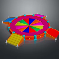 Colorful Round Trampoline Landscape Featuring Segmented Sections And Red Yellow Blue Platforms With Stairs