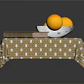 Old Book On Small Table With Yellow Polka Dot Tablecloth White Bowl And Two Oranges