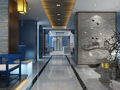 Modern Office Corridor With Wooden Ceiling Decorative Stone Wall Blue Bench And Lantern Lighting 3d model