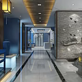 Modern Office Corridor With Wooden Ceiling Decorative Stone Wall Blue Bench And Lantern Lighting