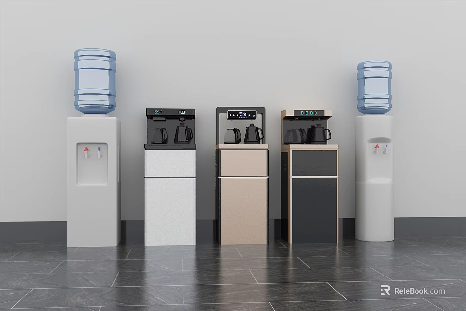 Assorted Colored Daily Appliances Water Dispensers And Coffee Machines With Blue White Buckets Indoor 3d model 