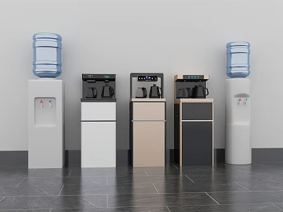 Assorted Colored Daily Appliances Water Dispensers And Coffee Machines With Blue White Buckets Indoor 3d model