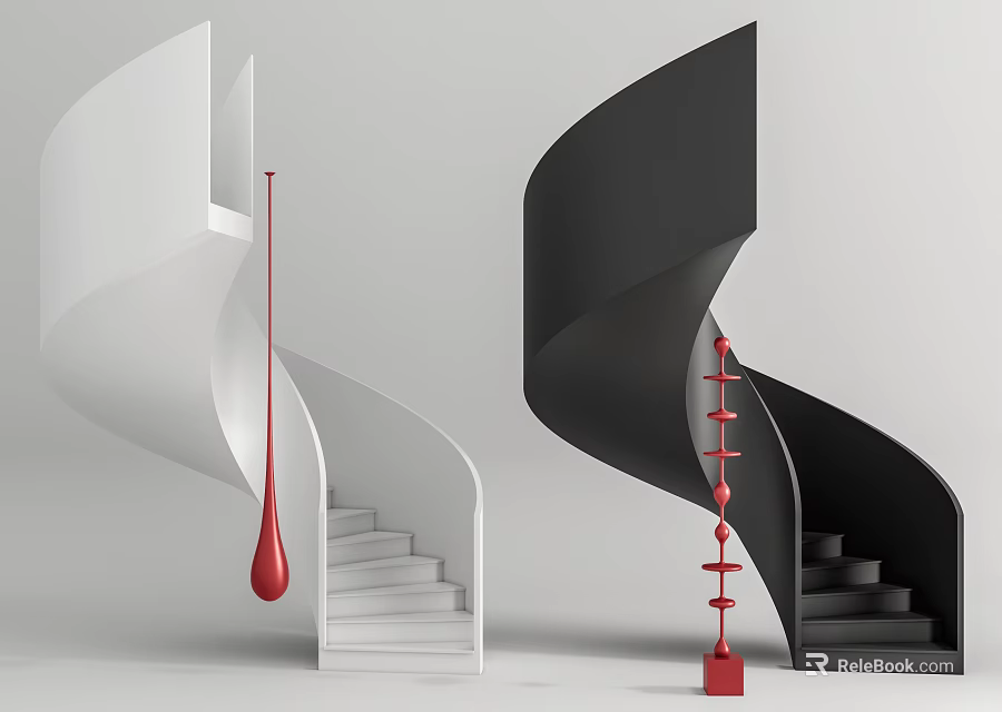 Modern White and Black Spiral Staircase With Red Decorative Accents 3d model 