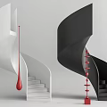Modern White and Black Spiral Staircase With Red Decorative Accents