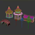 Chinese Traditional Architecture Models With Red Bridge And Bamboo Plants