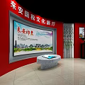 Exhibition Hall Interior Design With Red Blue Walls Display Posters White Counters And Marble Floors