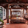 Traditional Chinese Religious Worship Hall With Intricate Wooden Carvings Altar Table And Decorative Artwork
