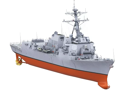 Gray Naval Warship With Orange Hull Bottom Radar Systems And Antennas 3d model