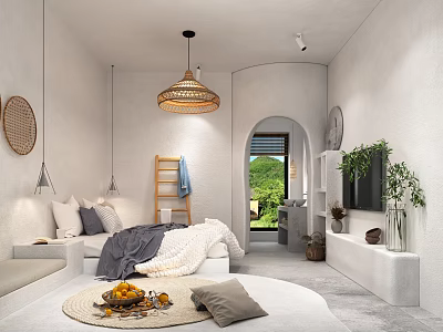 Minimalist Hotel Guest Room With Woven Pendant Light Arched Doorway And Scenic View 3d model