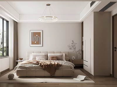 Elegant Modern Bedroom Interior Design With Beige Bed Artwork Pendant Light And Wardrobe 3d model