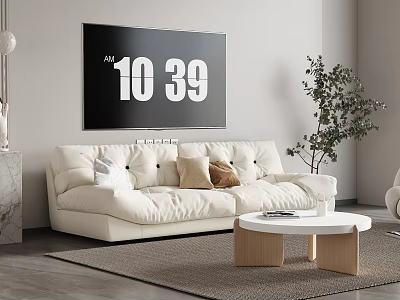 White Two Seater Sofa With Mixed Cushions Round Wooden Coffee Table Green Plant Grey Carpet 3d model