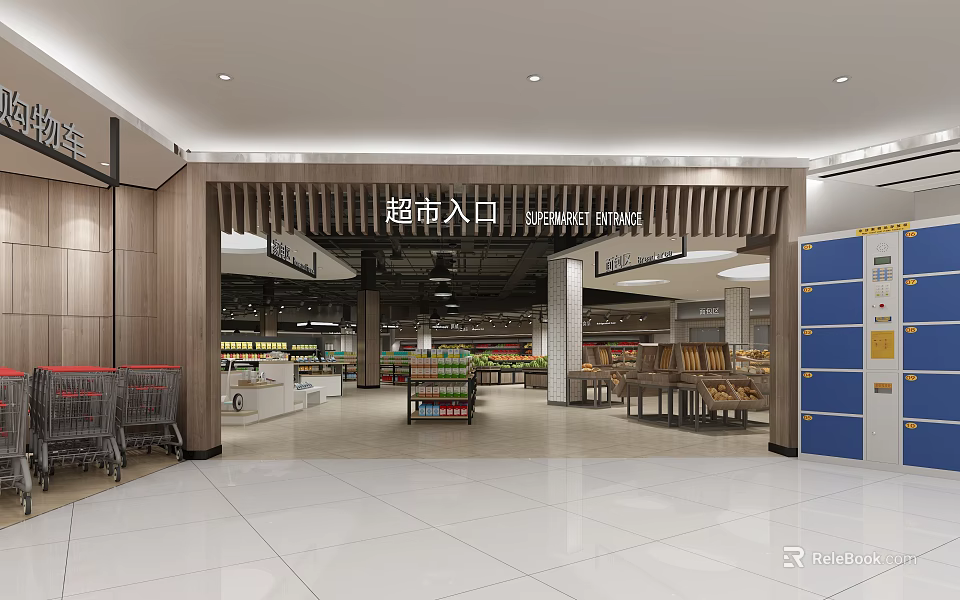 Supermarket Grocery Store Interior Entrance With Shopping Carts And Product Shelves 3d model 