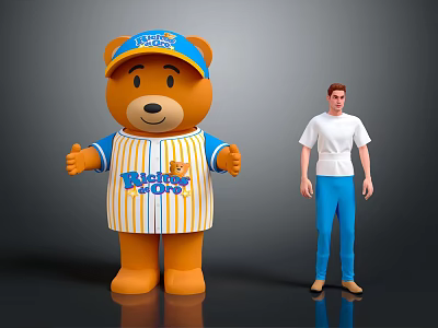 Cartoon Bear In Blue Cap Striped Shirt With Blue Claws Text Next To Human Figure 3d model