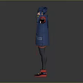 Man With Blue Hair Wearing Blue Coat Red Accents Arms Outstretched Red Shoes