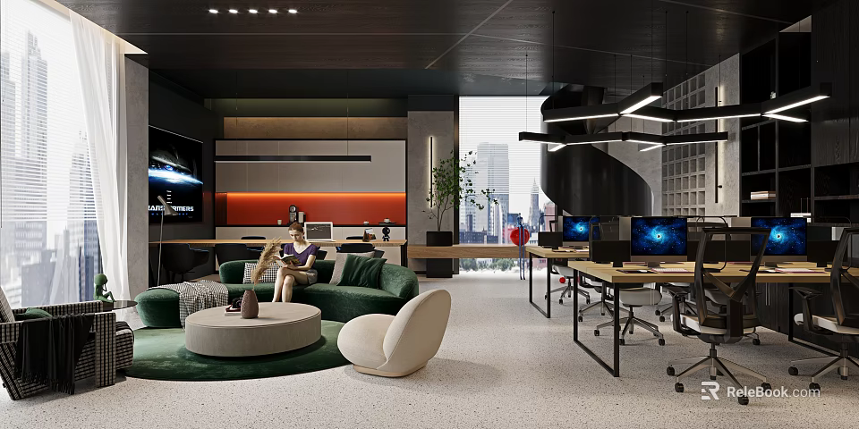Modern Public Office Space With Open Layout Sofa Area Desks And City View 3d model 