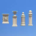 Four White Decorative Columns With Different Styles Displayed Against Blue Background
